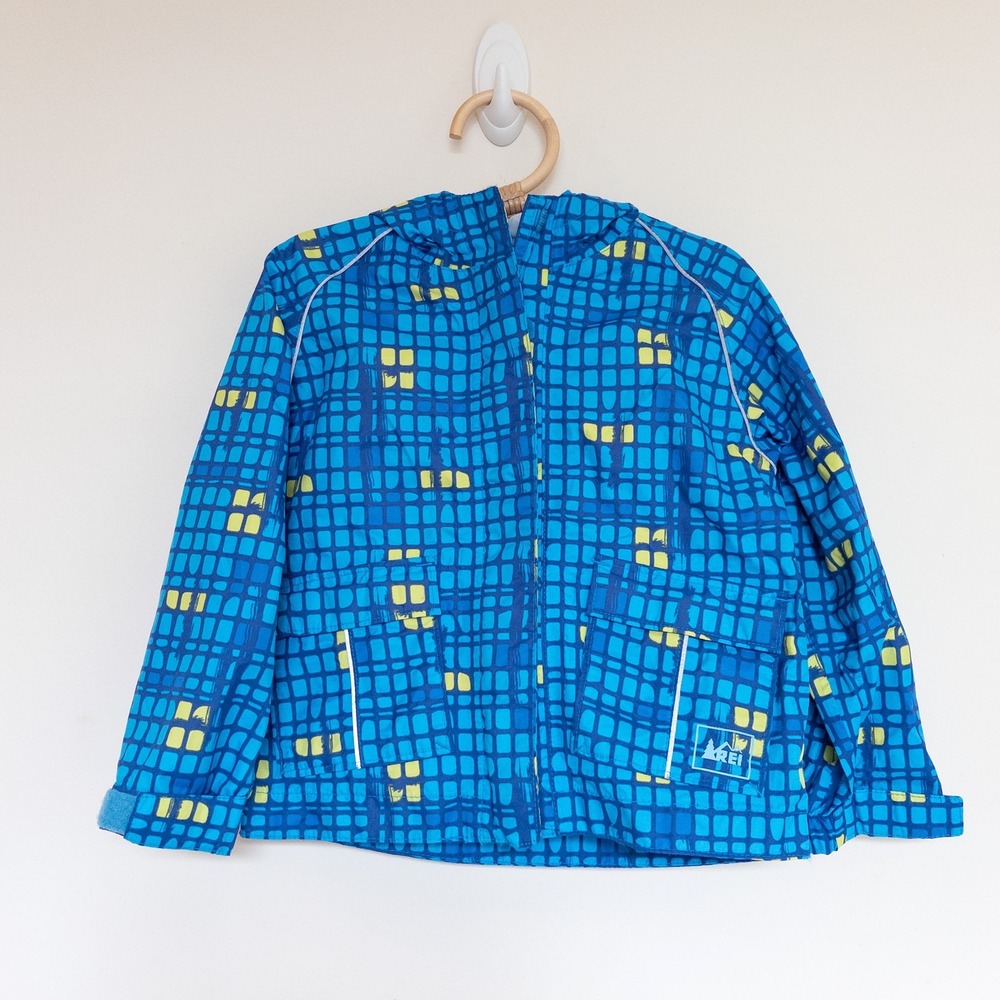 REI Rain Jacket Blue Yellow Grid Pattern Hooded Windbreaker Toddler 2T